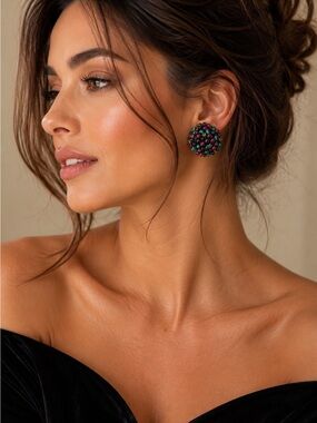Vintage Beaded Cluster Statement Earrings | Jewel Tone Retro Cocktail Earrings